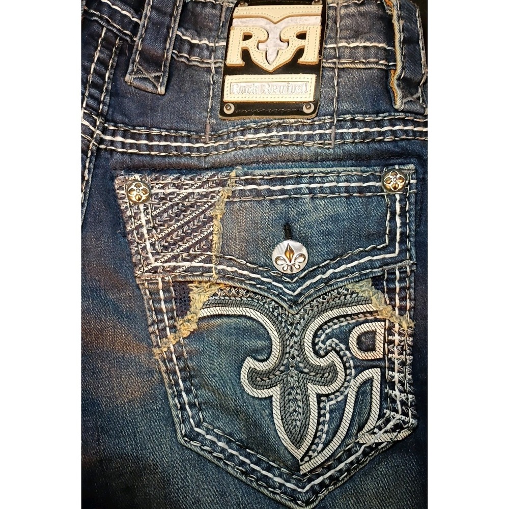 Rock Revival Armie Jeans 30x31 Blue Dark Wash Distressed Embroidered Logo